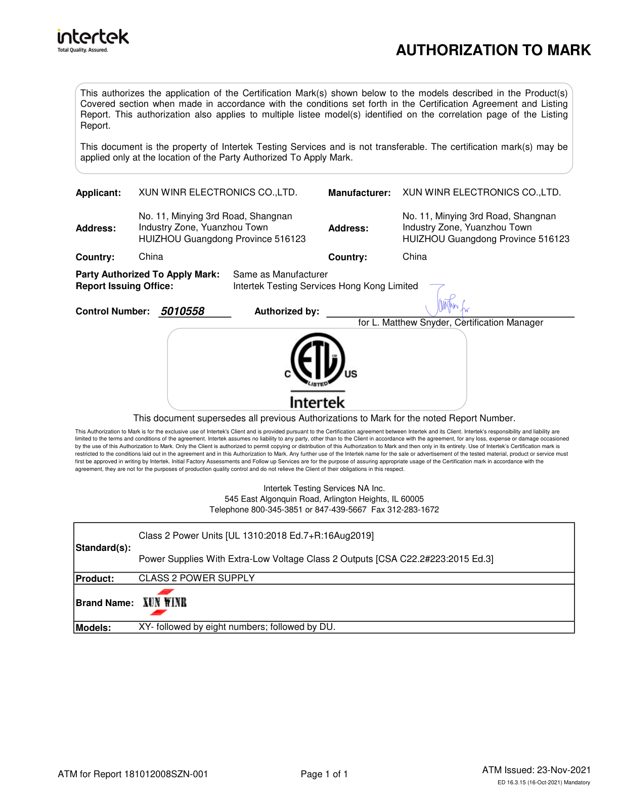 Intertek ETL Authorization to Mark for the TGR2-X1's 18W DC power adapter