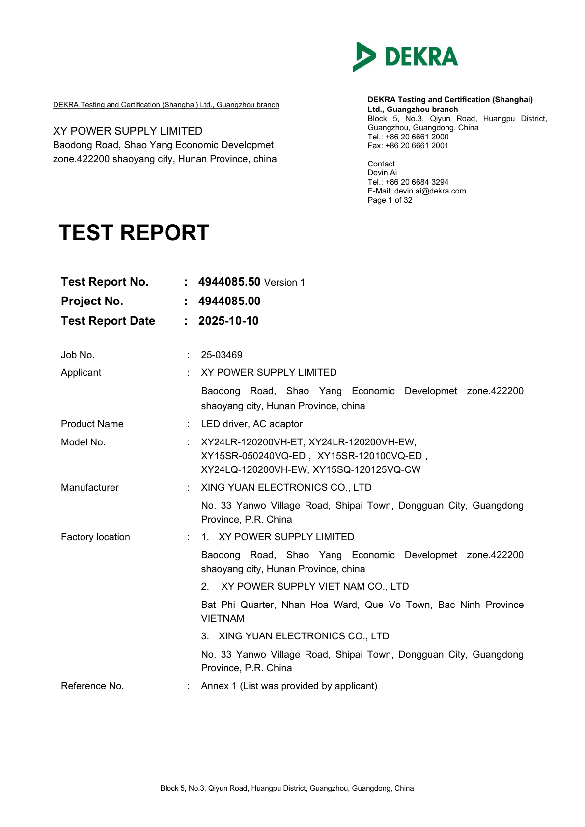 DEKRA RoHS test report for the TGR2-X1's LED driver / AC adapter