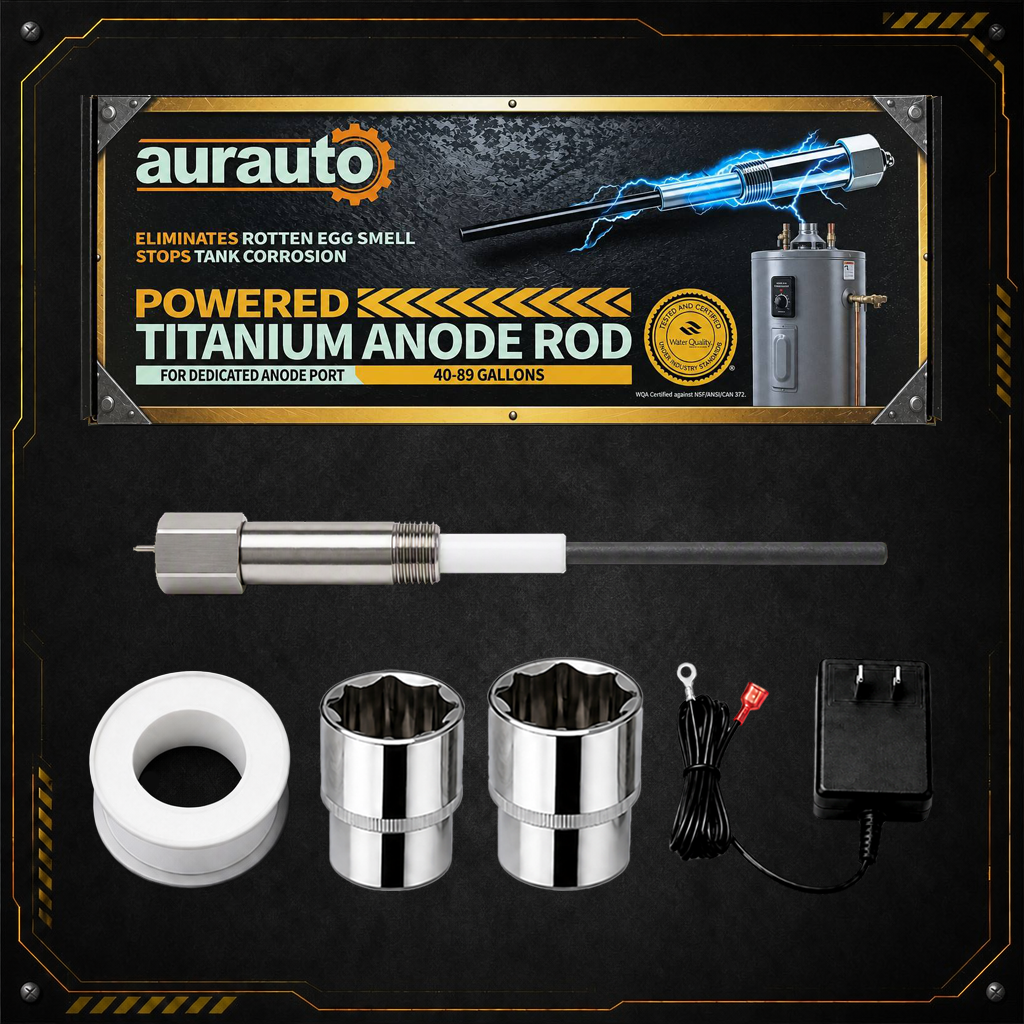 aurauto TGR2-X1 powered titanium anode rod — brand kit hero with packaging and accessories