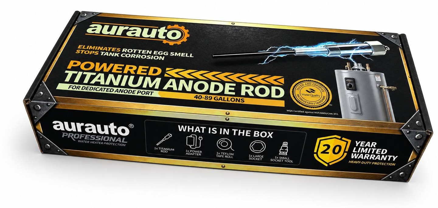 aurauto TGR2-X1 powered titanium anode rod retail package in an angled view