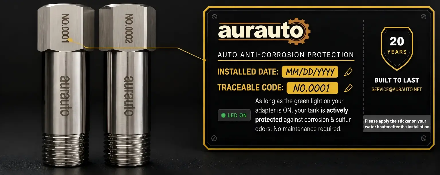 Two aurauto units with laser-marked serial numbers NO.0001 and NO.0002 connected to a service label showing matching traceable code NO.0001