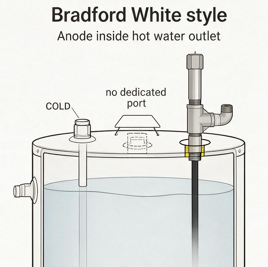 Bradford White style water heater with the anode rod inside the hot water outlet and no separate dedicated port