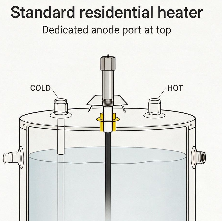 Standard residential water heater with a dedicated anode port at the top between the cold inlet and hot outlet